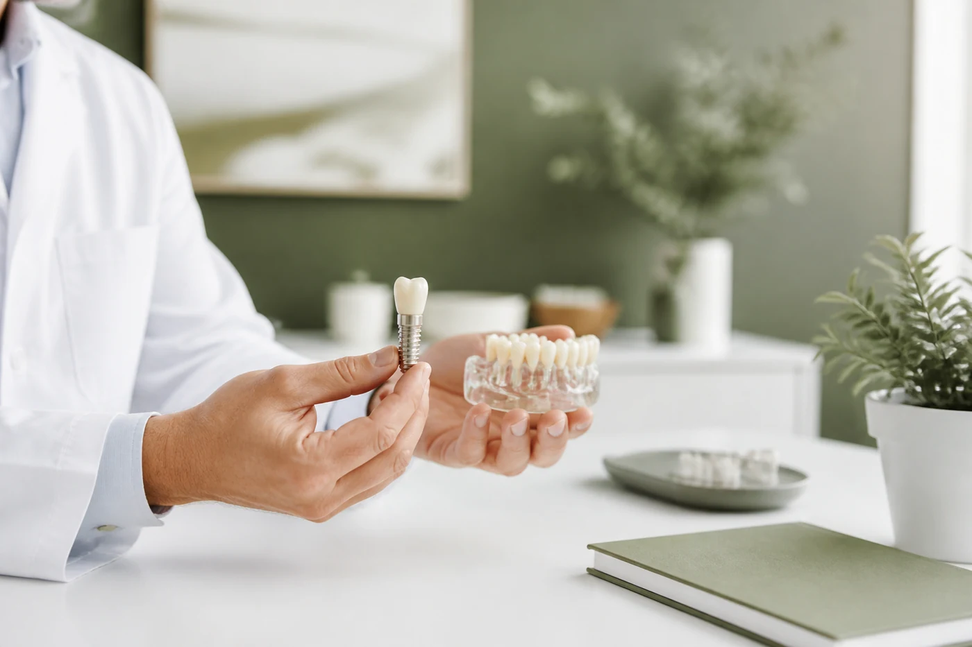 Dentista apresentando modelo de implante dentário ao paciente