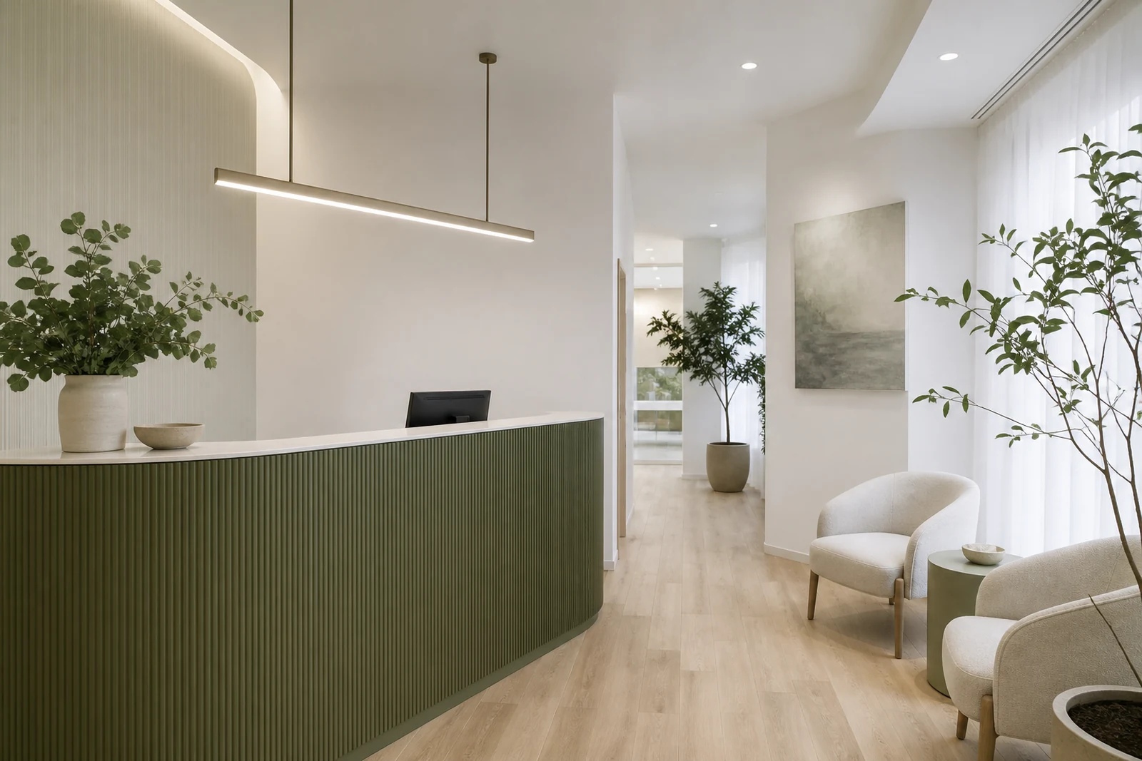 Recepção da clínica com iluminação natural